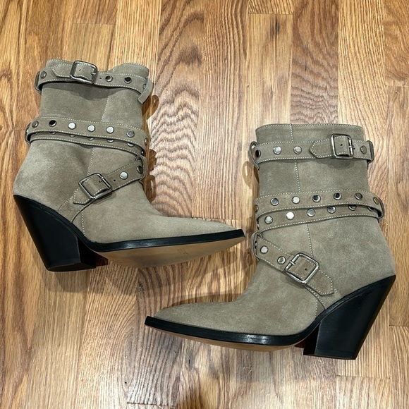 IRO Bonobal buckled suede ankle boots khaki silver size 9 w dust bag woman’s - Picture 1 of 10